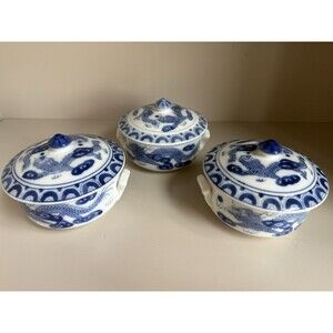 Chinoiserie Blue and White Dragon Covered Dish/Bowl with Handles X3